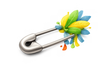 Colorful carnival safety pin icon with vibrant feathers for festive design