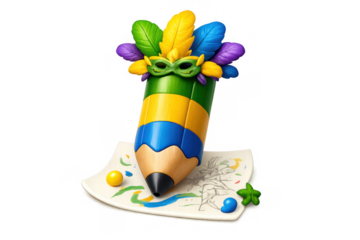 Carnival pencil icon with colorful feathers and mask for creative design