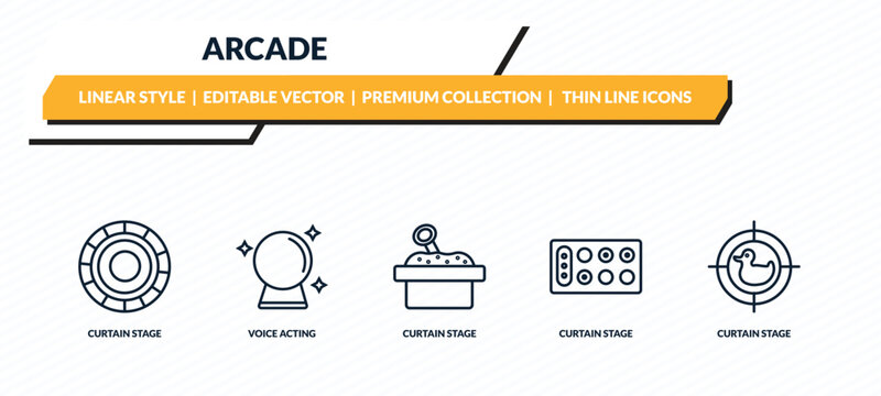 arcade icons set - curtain stage, voice acting, curtain stage, curtain stage, outline vector collection.