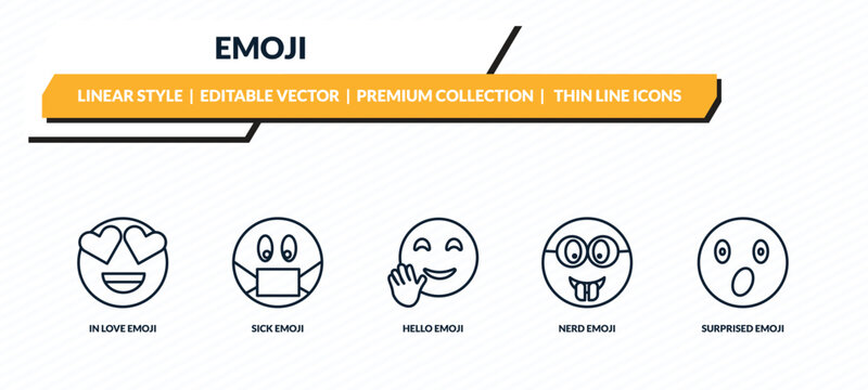 emoji icons set - in love emoji, sick emoji, hello nerd surprised outline vector collection.
