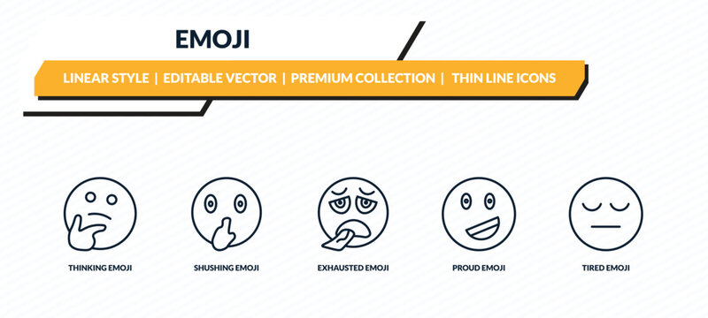 emoji icons set - thinking emoji, shushing emoji, exhausted proud tired outline vector collection.