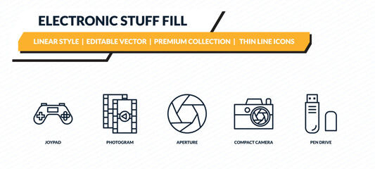 electronic stuff fill icons set - joypad, photogram, aperture, compact camera, pen drive outline vector collection. © IconArt