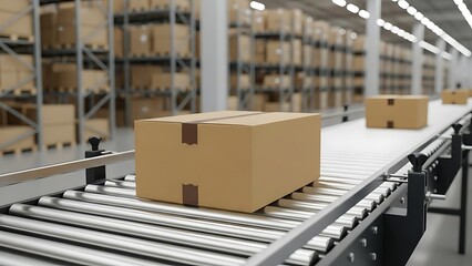 Cardboard boxes moving on a conveyor belt in a large warehouse distribution center.