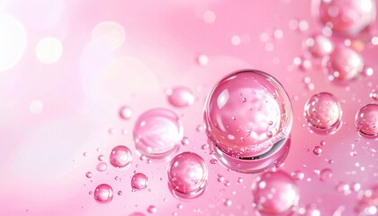 Close-up of pink, translucent water droplets on a soft, blurry pink background