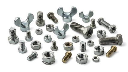 A collection of assorted metal fasteners and hardware on a white background