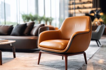 A stylish modern brown chair is positioned in a spacious lounge area, featuring large windows that let in plenty of natural light.