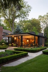 Obraz premium A contemporary house is nestled within a beautifully landscaped garden, bathed in the warm glow of early evening light that reflects off its glass windows