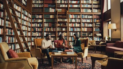 Friends sit together at wooden table with coffee cups in warm library. Soft lighting and books create inviting atmosphere. Concept of friendship, leisure, casual meet-up