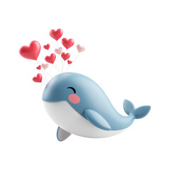 A cartoon blue whale with hearts floating above its head on transparent background