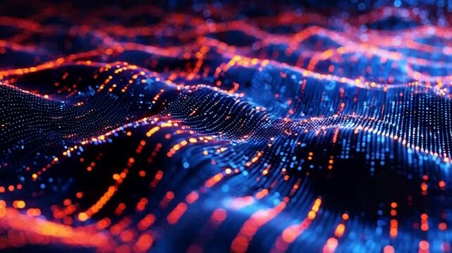 Vibrant orange and blue waves of light pulse through a digital network landscape.