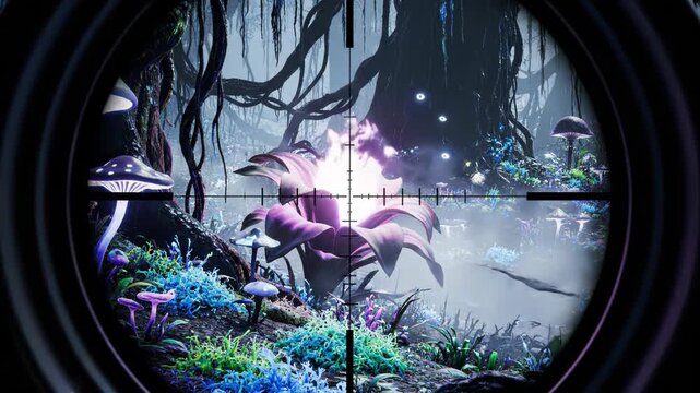 A view through a scope of a fantasy forest with mushrooms and plants 4k video