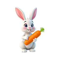 A cheerful white cartoon rabbit holding a large orange carrot on transparent background