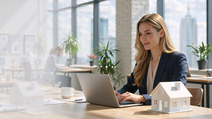 Real estate agent working on a laptop in a modern office with a house model on the desk. Professional businesswoman planning a property project. Housing market 