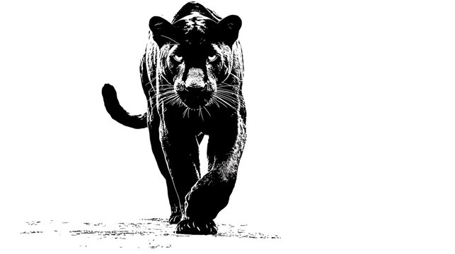 Powerful black panther walking forward with intense gaze, a striking high-contrast black and white graphic illustration of a wild feline predator.
