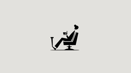 Minimalist illustration of a person relaxing in an office chair with a drink, taking a break from work in a comfortable setting.