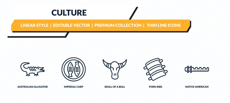 culture icons set - australian alligator, imperial carp, skull of a bull, pork ribs, native american flute outline vector collection.