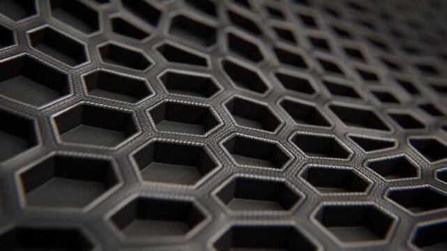 Close-up of a black speaker with a honeycomb-patterned grille and leather trim