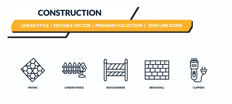 construction icons set - paving, garden fence, road barrier, brickwall, clippers outline vector collection.