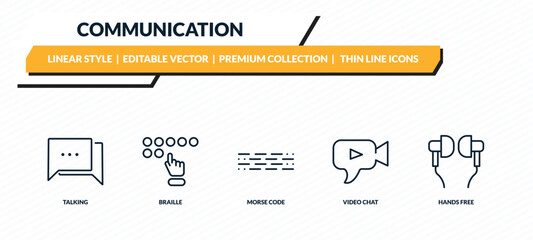 communication icons set - talking, braille, morse code, video chat, hands free outline vector collection. © IconArt