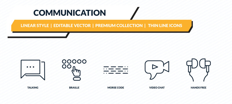 communication icons set - talking, braille, morse code, video chat, hands free outline vector collection.