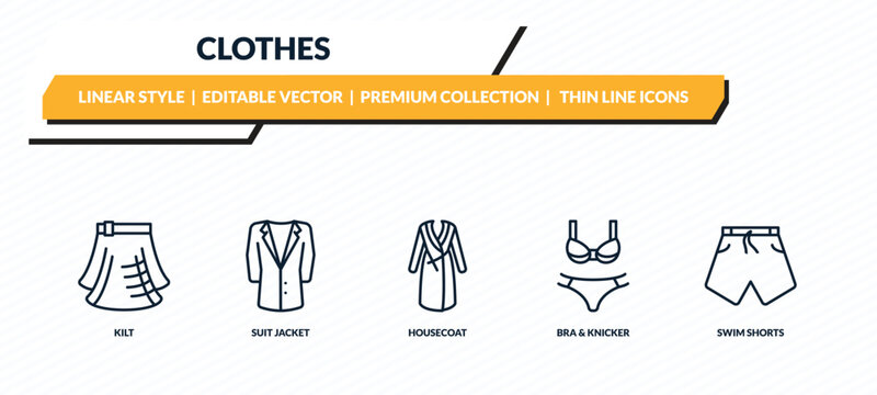 clothes icons set - kilt, suit jacket, housecoat, bra & knicker, swim shorts outline vector collection.