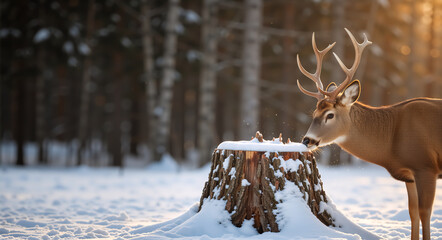 Buck with antlers foraging at a snowy tree stump in a winter forest. Male white-tailed deer in a woodland landscape at sunset. Wildlife nature background