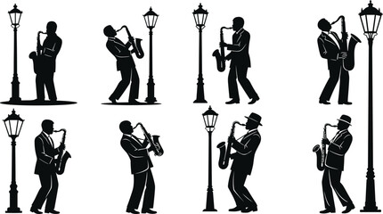 Saxophone player silhouette, street jazz, vintage lamp, musical pose, black figure, live performance, urban rhythm, classic suit, expressive sound, culture © MdHajrot