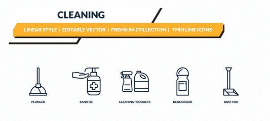 Fototapeta premium cleaning icons set - plunger, sanitize, cleaning products, deodorizer, dust pan outline vector collection.