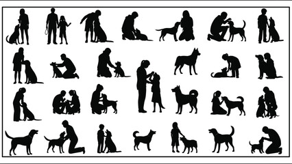 Black, and, white, silhouette, collection, of, people, interacting, with, dogs, featuring, playing, petting, walking, and, training, scenes, for, pet, care, and, lifestyle, designs.
