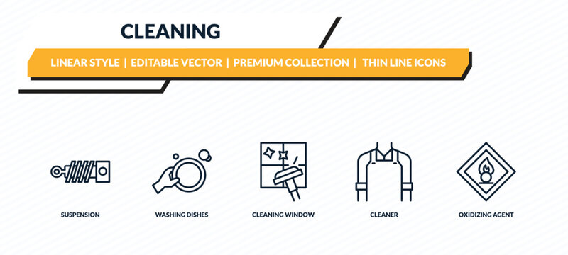 cleaning icons set - suspension, washing dishes, cleaning window, cleaner, oxidizing agent outline vector collection.