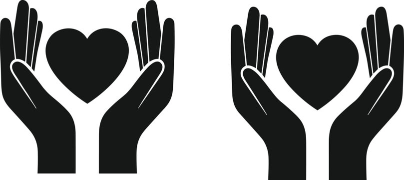 Two black heart silhouettes held by human hands, charity support icon set, medical care concept, isolated vector illustration for kindness and love.