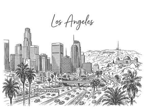 Hand drawn Black and White Los Angeles Cityscape Skyline Landscape Illustration