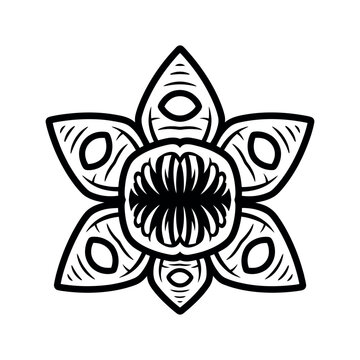 Black and white outline demogorgon from stranger things illustration with sharp petals and teeth, isolated on white background.