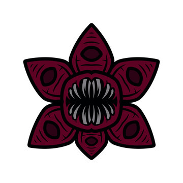 Stylized demogorgon from stranger things  with sharp petals and teeth, graphic illustration isolated on white background.