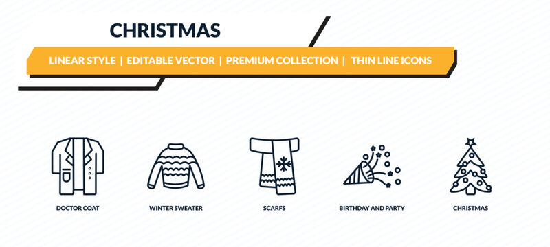 christmas icons set - doctor coat, winter sweater, scarfs, birthday and party, christmas outline vector collection.