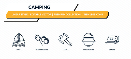 camping icons set - boat, marshmallow, axes, explorer hat, camper outline vector collection.