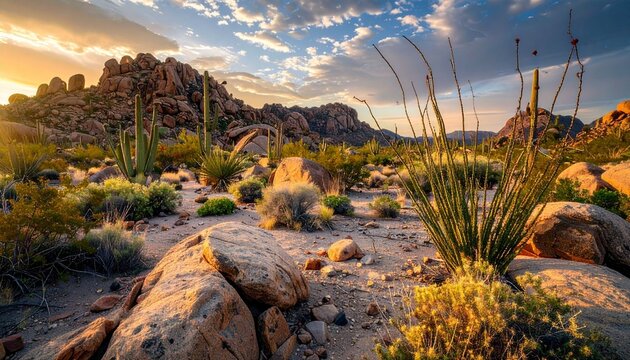 Rocky desert landscape with cacti and grass at sunrise