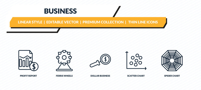 business icons set - profit report, ferris wheels, dollar business search, scatter chart, spider chart outline vector collection.