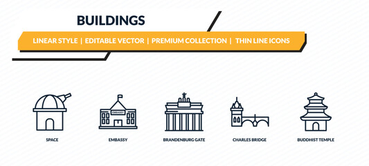 buildings icons set - space, embassy, brandenburg gate, charles bridge, buddhist temple outline vector collection. © IconArt