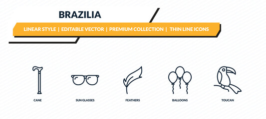 Fototapeta premium brazilia icons set - cane, sun glasses, feathers, balloons, toucan outline vector collection.