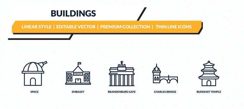 buildings icons set - space, embassy, brandenburg gate, charles bridge, buddhist temple outline vector collection.