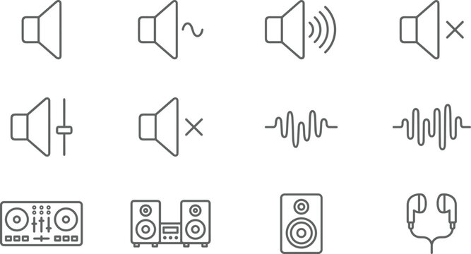 Minimal outline icon set representing audio equipment, sound waves, volume controls, stereo systems, headphones, and dj mixing consoles for interface design.