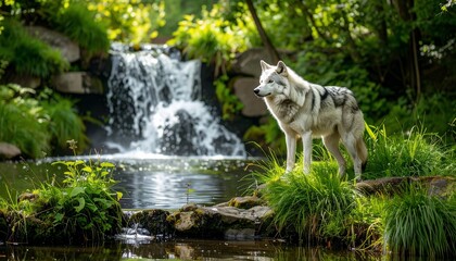 A regal wolf stands near a cascading waterfall in a lush, green forest