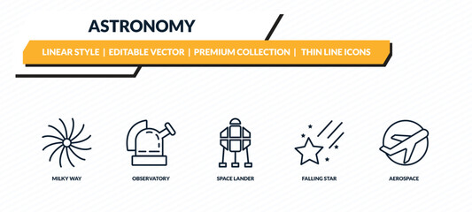 astronomy icons set - milky way, observatory, space lander, falling star, aerospace outline vector collection. © IconArt