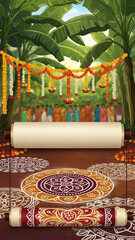 Colorful Tamil Village Wedding Invitation with Banana Trees and Rangoli Art