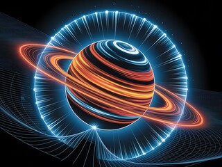 Futuristic Planet with Glowing Rings and Magnetic Field Visualization