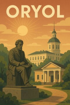 Vintage style illustration of Oryol featuring a statue of a seated man, classical buildings, lush greenery, and a radiant sunburst in the sky