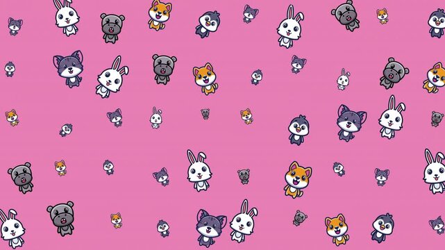 Pink backdrop with cartoon bunnies, foxes, dogs, and penguins is perfect for childrens products, stationery, and digital designs.