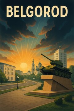 Vintage illustration of Belgorod featuring a tank monument on a pedestal, surrounded by city buildings and churches under a golden sunrise sky