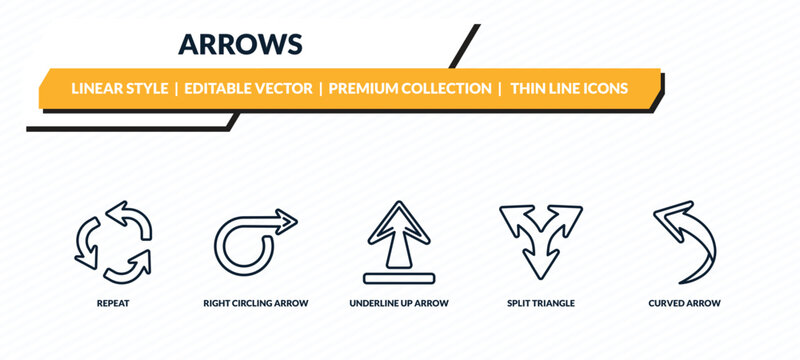 arrows icons set - repeat, right circling arrow, underline up arrow, split triangle, curved arrow outline vector collection.